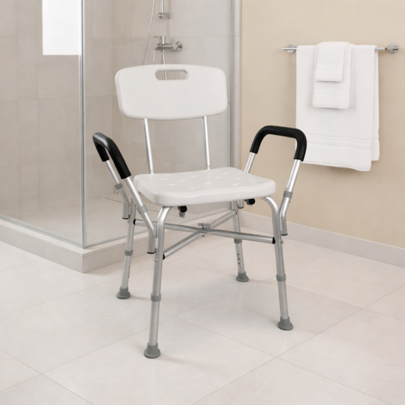 Banqueta de Banho Ajustável com Encosto e Apoio de Braço